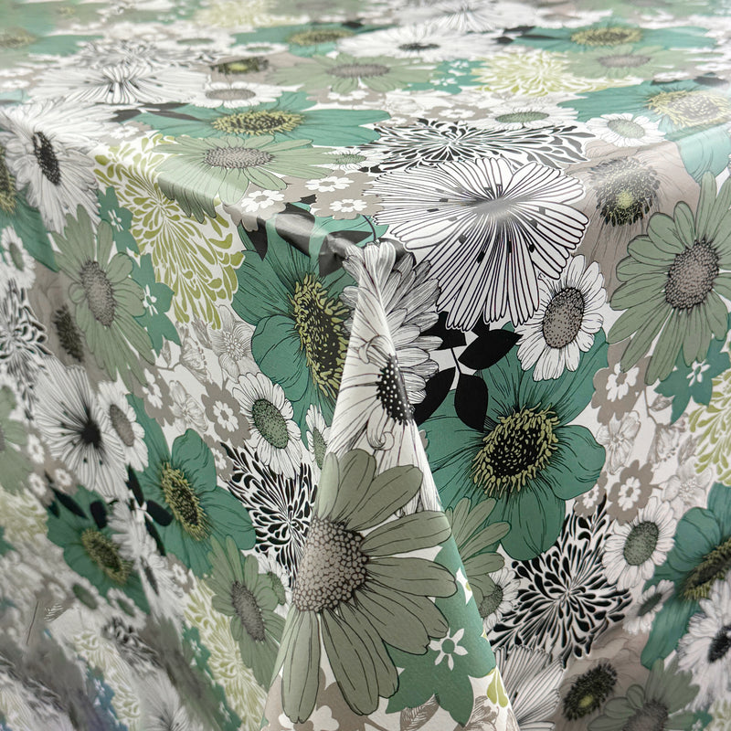 Vintage Flowers Teal PVC Vinyl Oilcloth Tablecloth