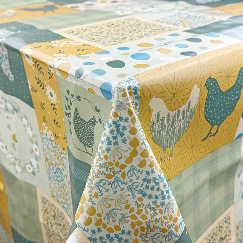 Patchwork Chickens Green and Ochre patchwork chickens PVC Vinyl Oilclo
