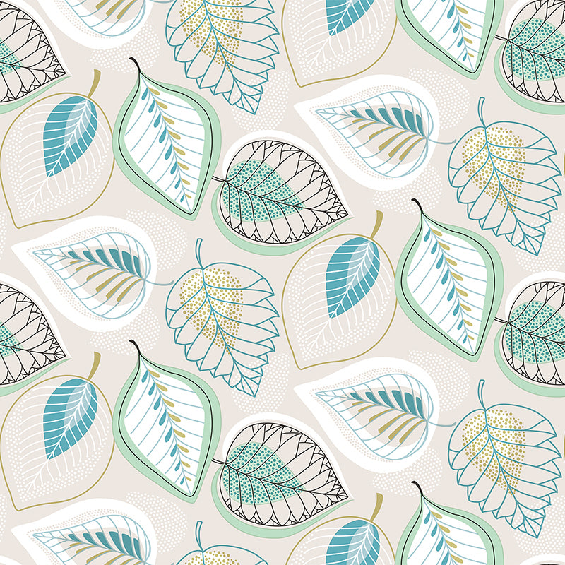Modern Scandi Leaves Duckegg PVC Vinyl Oilcloth Tablecloth