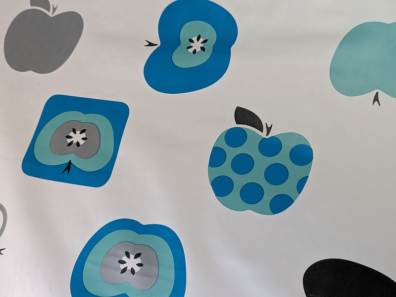 Blue Apples on White PVC Vinyl Tablecloth 20 Metres