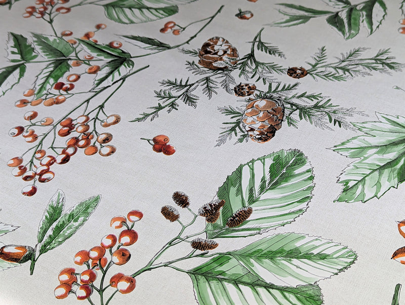 Christmas Berries and Leaves Red Grey Vinyl Oilcloth Tablecloth