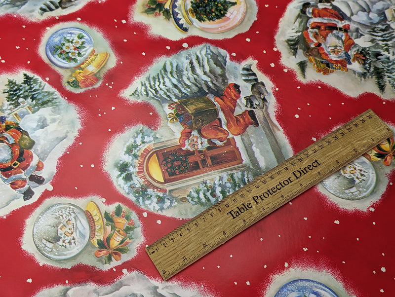 Christmas Santas Knocking RED 120cm Wide Vinyl Oilcloth Tablecloth