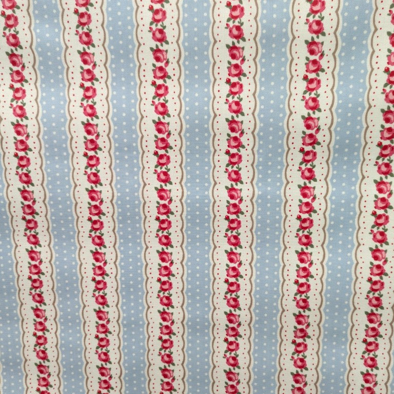 Vintage Floral Stripes with Polka Dot on Powder Blue Oilcloth Tablecloth