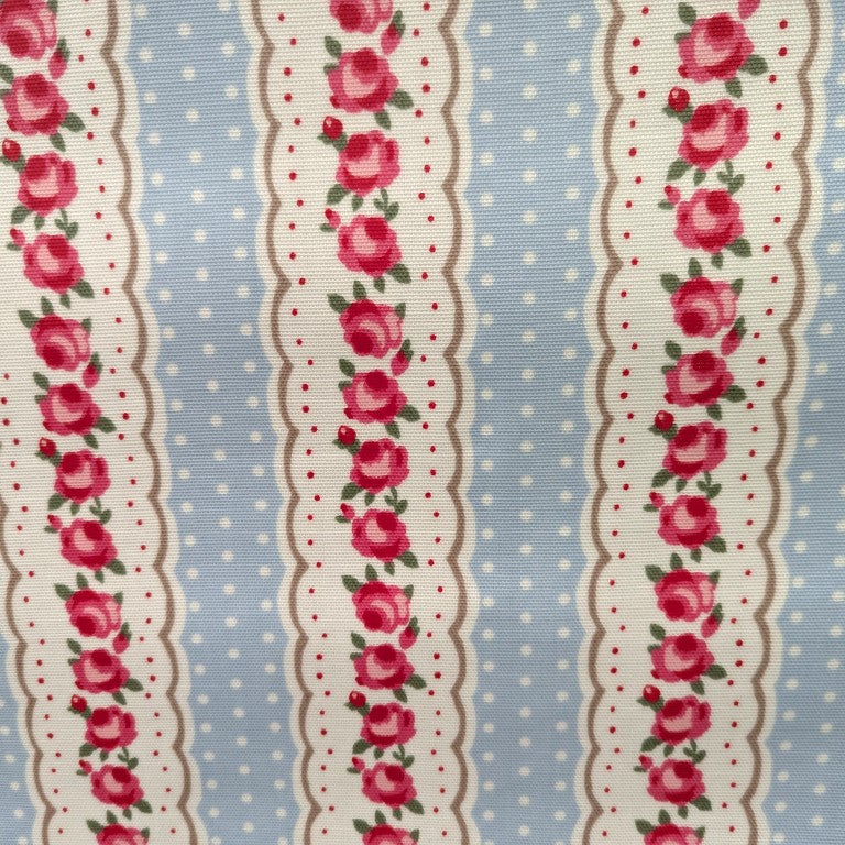 Vintage Floral Stripes with Polka Dot on Powder Blue Oilcloth Tablecloth