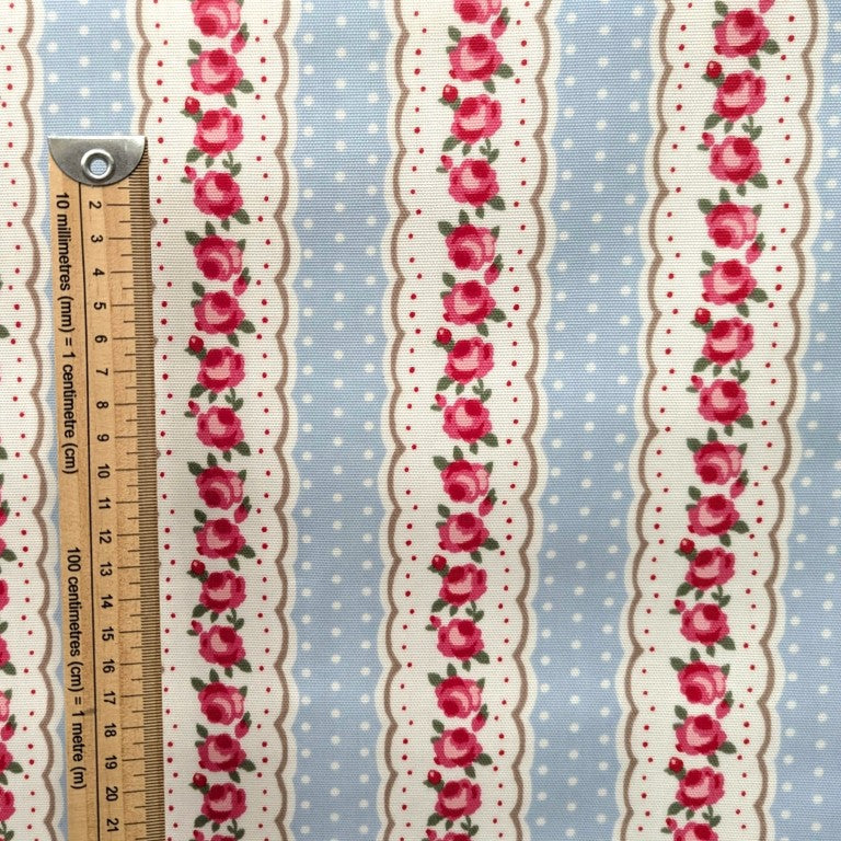 Vintage Floral Stripes with Polka Dot on Powder Blue Oilcloth Tablecloth