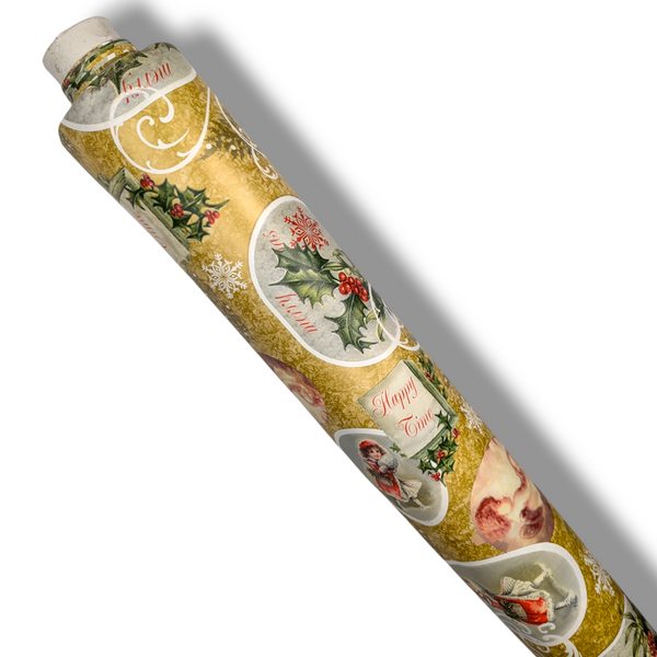 Christmas Happy Times Gold PVC Vinyl Tablecloth 140cm x 20 Metres Roll