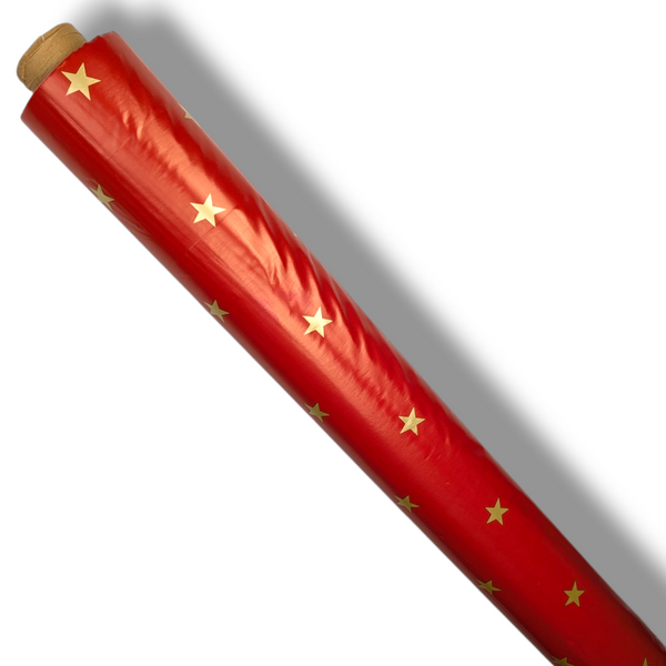 Christmas Red with Gold Star PVC Vinyl Tablecloth 140cm x 20 Metres Roll