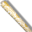 Bright Gold Damask on White PVC Vinyl Tablecloth 140cm x 20 Metres Roll