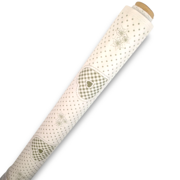 Moss Green Bistro Hearts Vinyl Tablecloth Roll 20 Metres x 140cm Full Roll