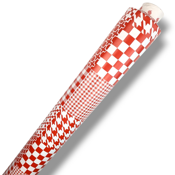 Red Patchwork Vinyl Tablecloth Roll 20 Metres x 140cm Full Roll