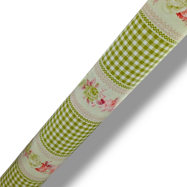 Green Check Roses Vinyl Tablecloth 15.9 Metres x 140cm - Warehouse Clearance