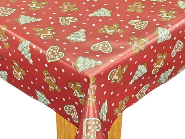 Gingerbread Man Hearts Christmas Trees on Wine Red Vinyl Oilcloth Tablecloth