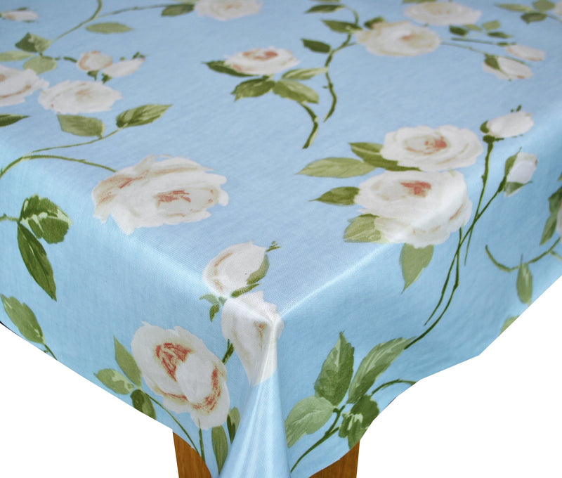 Rose Garden Powder Blue Oilcloth Tablecloth by Prestigious Textiles