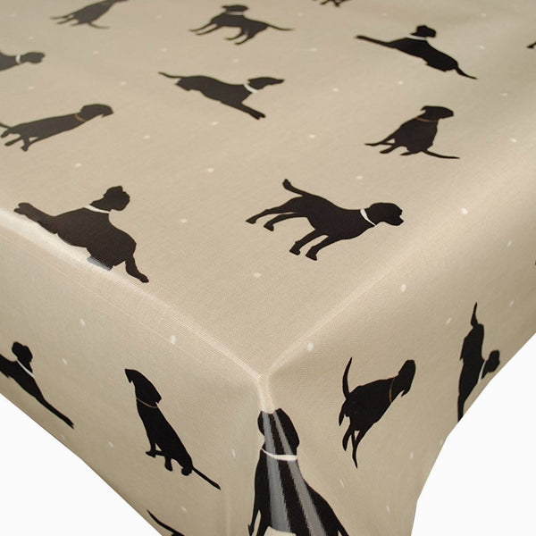 Rover Black Dog on Natural Linen Oilcloth Tablecloth by Clarke and Clarke