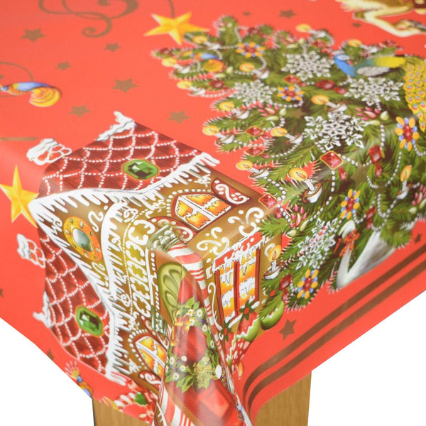 Santa Grotto Red Christmas Vinyl Oilcloth Tablecloth 110cm x 140cm  - Warehouse Clearance