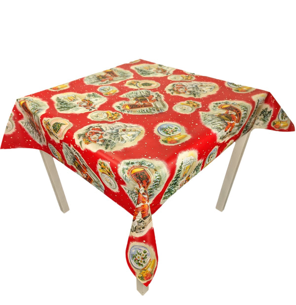 Santa Knocking Red Vinyl Oilcloth Tablecloth 110cm x 110cm Square  - Warehouse Clearance