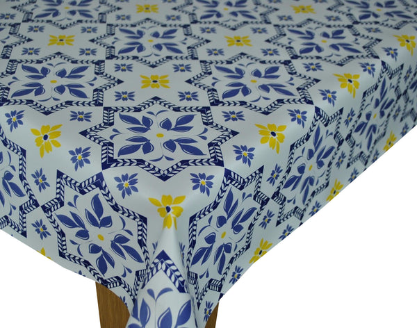 Seville Blue and Yellow  PVC Vinyl Wipe Clean Tablecloth  150cm x 140cm Warehouse Clearance