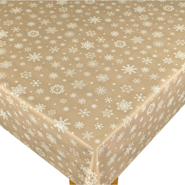 Christmas Snowflakes Taupe Tex Vinyl Oilcloth Tablecloth
