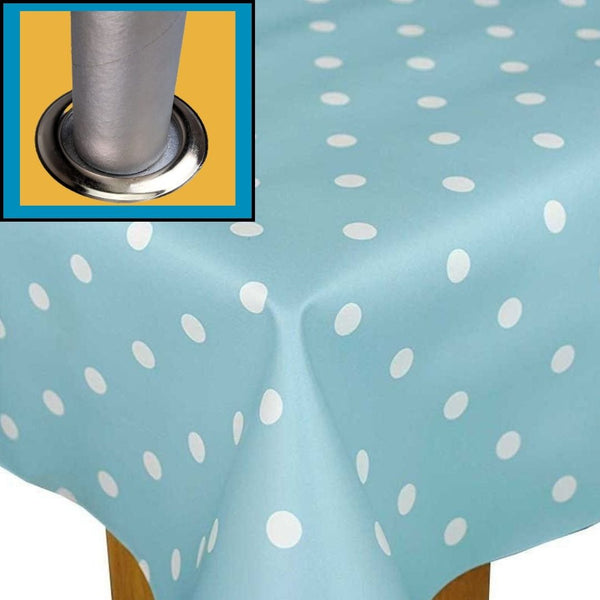 Parasol Hole Outdoor Garden Tablecloth Duck Egg Blue Polka Dot Wipe Clean Tablecloth Vinyl PVC 250cm x 140cm