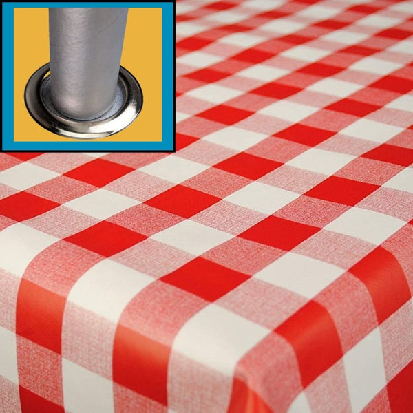 Umbrella Hole Garden Tablecloth Red Gingham Check Wider Width Wipe Clean Outdoor Tablecloth Vinyl PVC Round 150cm