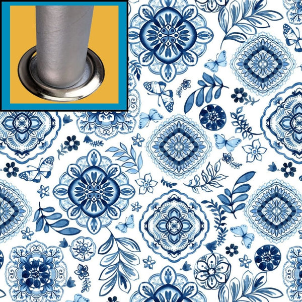 Sofia Blue Tablecloth with Parasol Hole Wipe Clean Tablecloth Vinyl PVC Round 138cm