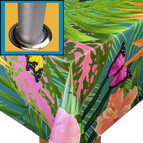Oval Garden Tablecloth with Parasol Umbrella Hole Wipe Clean Vinyl PVC Rainforest Tropical Butterflies Teal Oval 300cm x 140cm