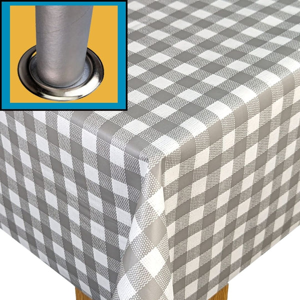 Grey Bistro Check Tablecloth with Parasol Hole Wipe Clean Tablecloth Vinyl PVC 300cm x 140cm