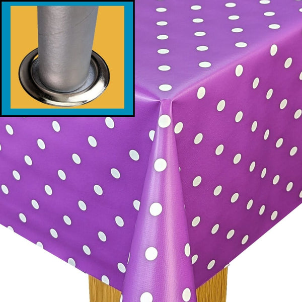 Parasol Hole Outdoor Garden Tablecloth Purple Polka Dot Wipe Clean Tablecloth Vinyl PVC 250cm x 140cm
