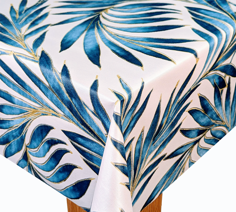 Tropical Beach Palm Leaves Blue Tex Tablecloth with Parasol Hole Wipe Clean Tablecloth Vinyl PVC 200cm x 140cm