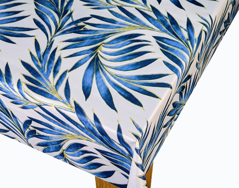 Tropical Beach Palm Leaves Blue Tex Tablecloth with Parasol Hole Wipe Clean Tablecloth Vinyl PVC Round 138cm