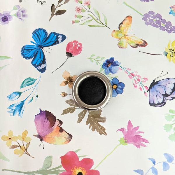 Watercolour Butterfly Flowers Tablecloth with Parasol Hole Wipe Clean Tablecloth Vinyl PVC Round 138cm