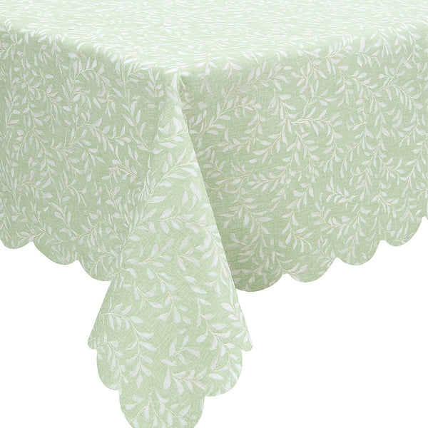 Scallop Edge Willow Leaves Green Vinyl Oilcloth Tablecloth