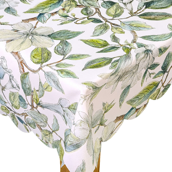 Scallop Edge Beautiful Leaves Teal Vinyl Oilcloth Tablecloth