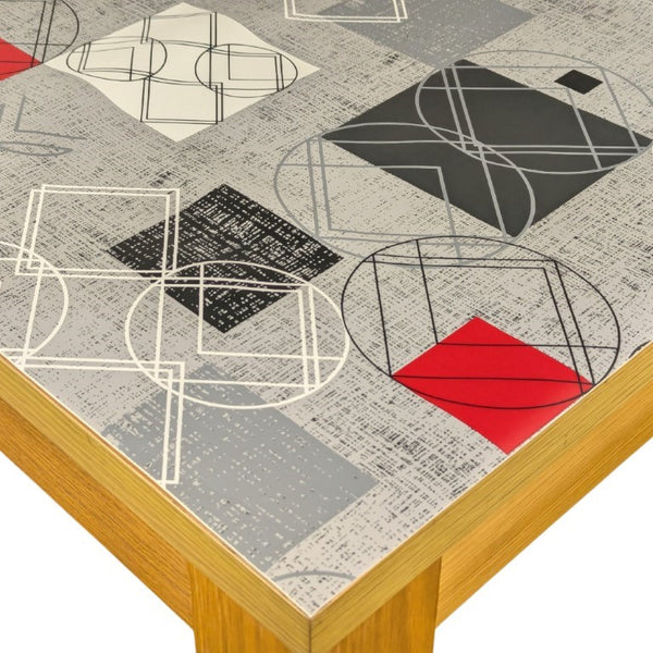 Padded Table Protector with Printed Abstract Red Grey Shapes Design - 140cm Wide, Heat Resistant, Durable, Waterproof, Table Cover for Dining, Kitchen, Indoor and Outdoor Use