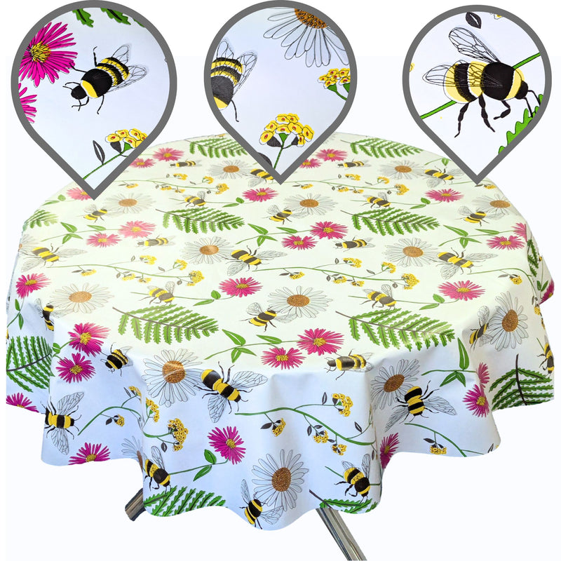 Busy Bee Meadow Vinyl Oilcloth Tablecloth ROUND 140cm  - Warehouse Clearance