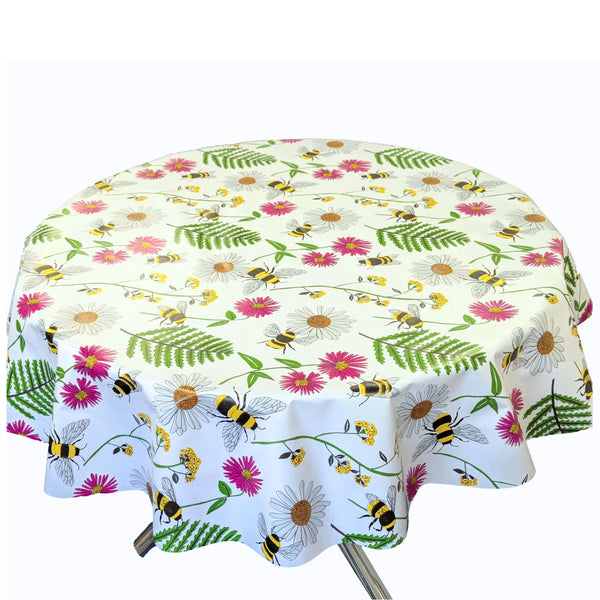 Busy Bee Meadow Vinyl Oilcloth Tablecloth ROUND 140cm  - Warehouse Clearance