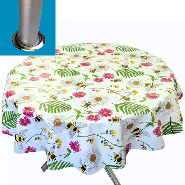 Busy Bee Meadow with Parasol Hole Vinyl Oilcloth Tablecloth ROUND 140cm  - Warehouse Clearance