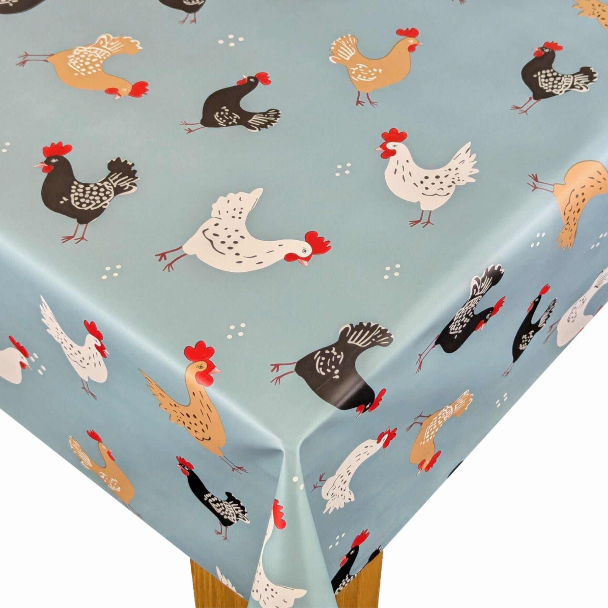 Playful Chicken Blue Vinyl Oilcloth Tablecloth - Wipe Clean Tablecloths ...