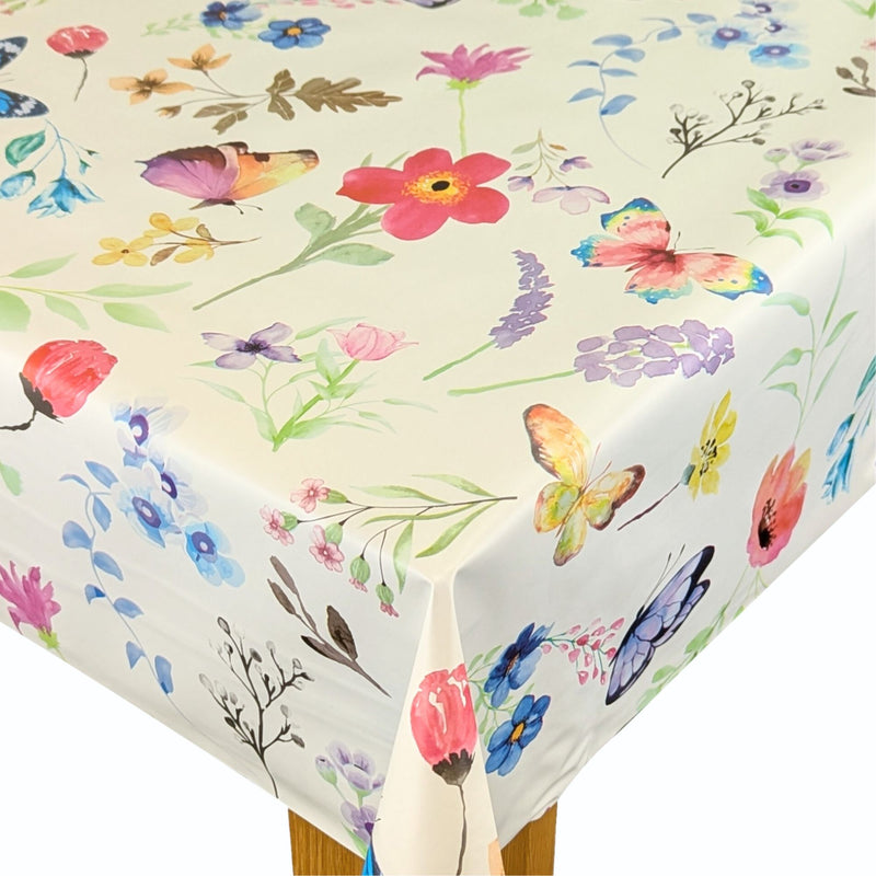 Watercolour Butterfly Flowers Tablecloth with Parasol Hole Wipe Clean Tablecloth Vinyl PVC 200cm x 140cm