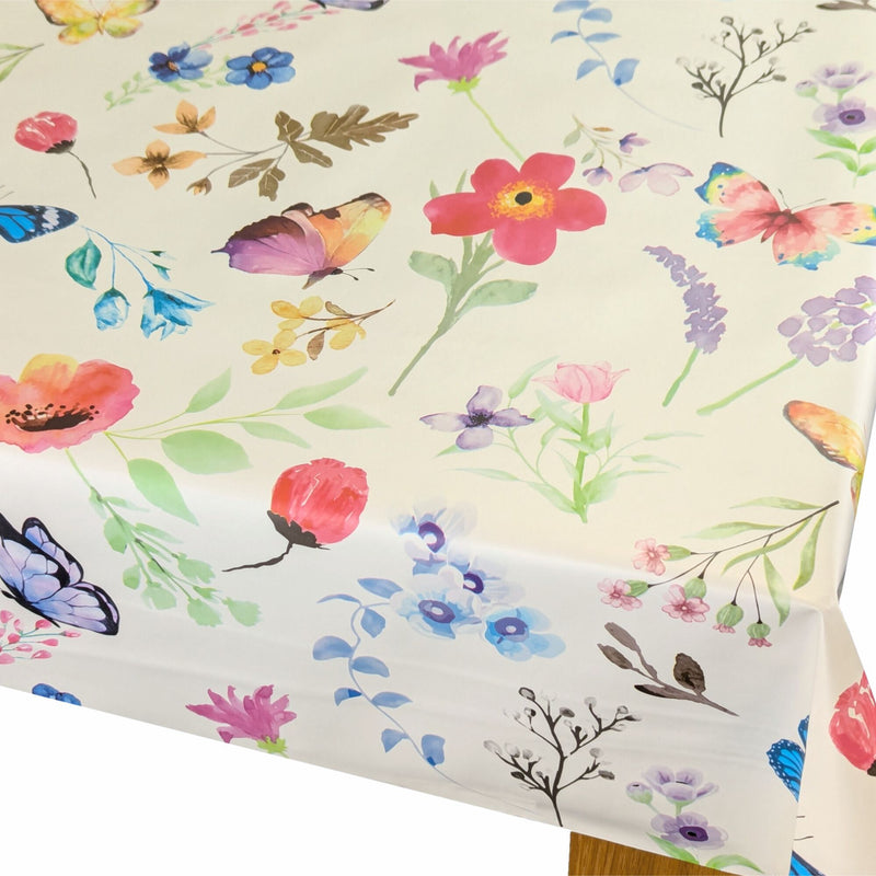 Watercolour Butterfly Flowers Tablecloth with Parasol Hole Wipe Clean Tablecloth Vinyl PVC Round 138cm