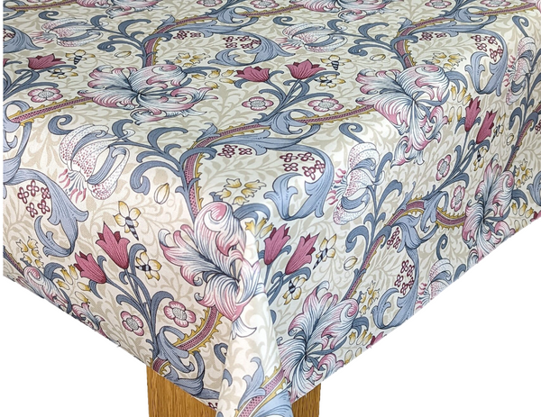 William Morris Golden Lily Dove Grey and Plum Oilcloth Tablecloth