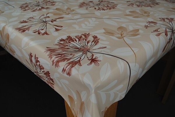 Agapanthus Beige PVC Vinyl Wipe Clean Tablecloth 130cm x 140cm Warehouse Clearance