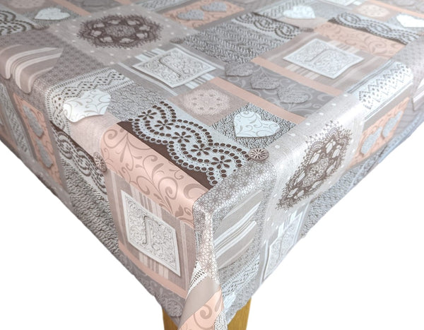 Amelia Hearts Pink Grey PVC Vinyl Wipe Clean Tablecloth  130cm x 140cm Warehouse Clearance