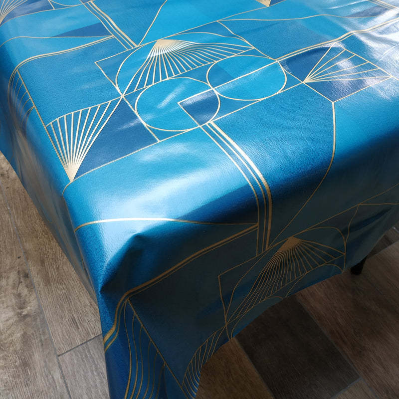 Art Nouveau Teal and Gold Geometric PVC Vinyl Tablecloth 20 Metres