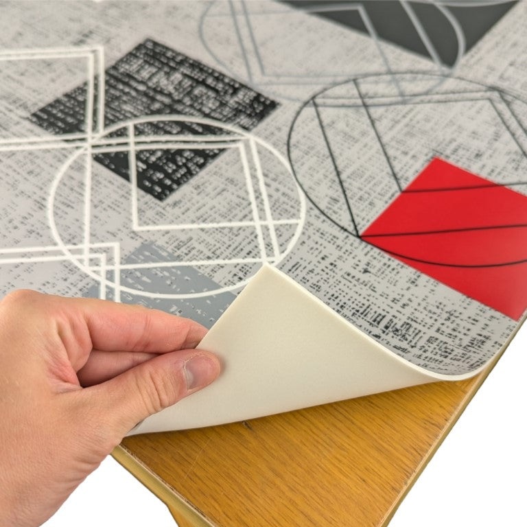 Padded Table Protector with Printed Abstract Red Grey Shapes Design - 140cm Wide, Heat Resistant, Durable, Waterproof, Table Cover for Dining, Kitchen, Indoor and Outdoor Use