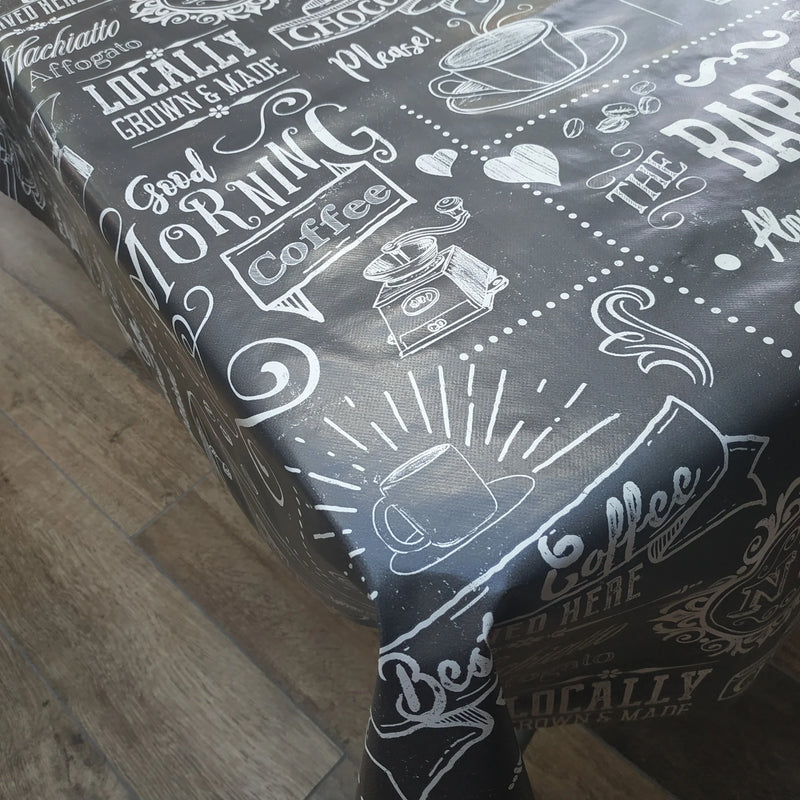 Barista Coffee Grey PVC Vinyl Wipe Clean Tablecloth  150cm x 140cm Warehouse Clearance