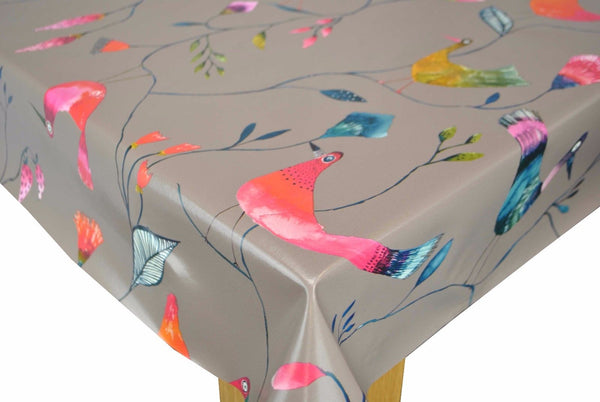 Barmy Birds Taupe PVC Vinyl Wipe Clean Tablecloth 110cm x 140cm -Dirty Marks- Warehouse Clearance