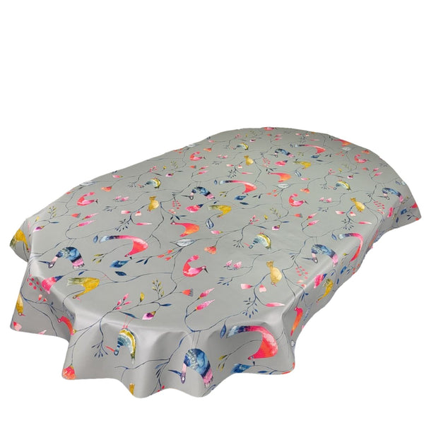 Oval Barmy Birds Grey Wipe Clean PVC Vinyl Tablecloth  300cm x 140cm