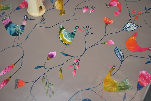 Barmy Birds Taupe vinyl tablecloth 200cm x 140cm -Warehouse Clearance