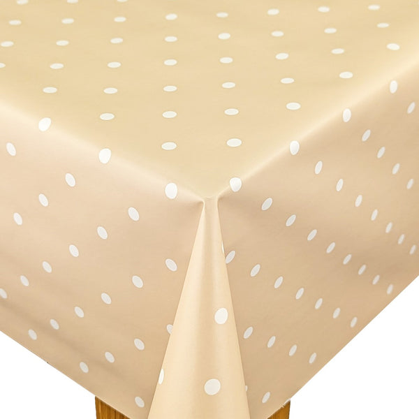 Extra Wide 160cm Round Wipe Clean Tablecloth Vinyl PVC Beige Polka Dot